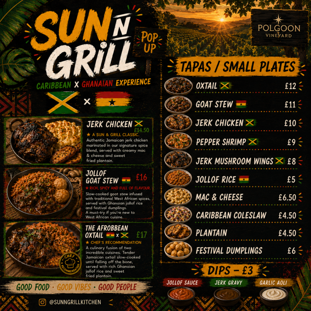 caribbean menu for a pop up in cornwall 3rd July